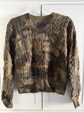 Polo by Ralph Lauren Women’s Cable-Knit Camo V-Neck Sweater - Brown & Green